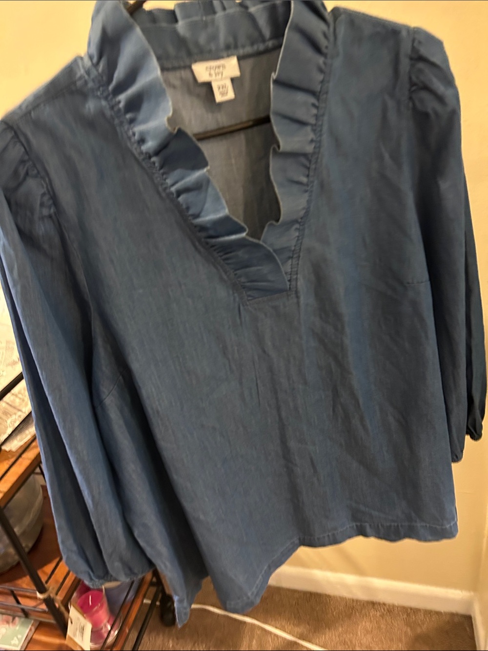 Market & Spruce Denim-Blue Ruffle V-Neck Blouse